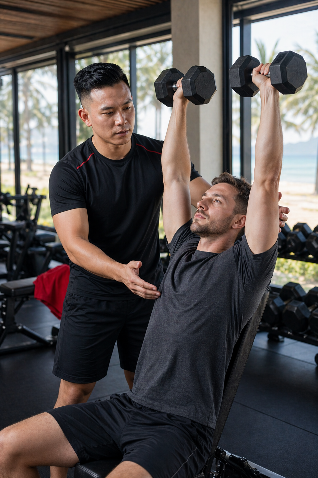 Cuong coaching a foreign client through dumbbell technique in a Da Nang gym overlooking the coast