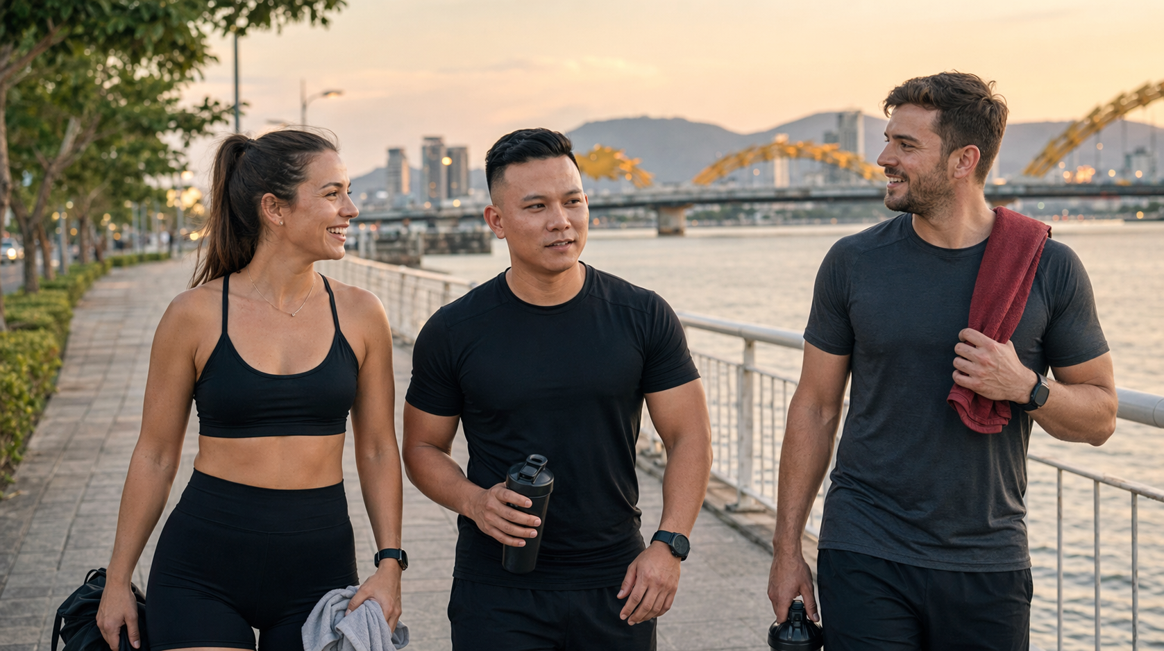 Cuong walking with two foreign clients after an outdoor session near Dragon Bridge in Da Nang