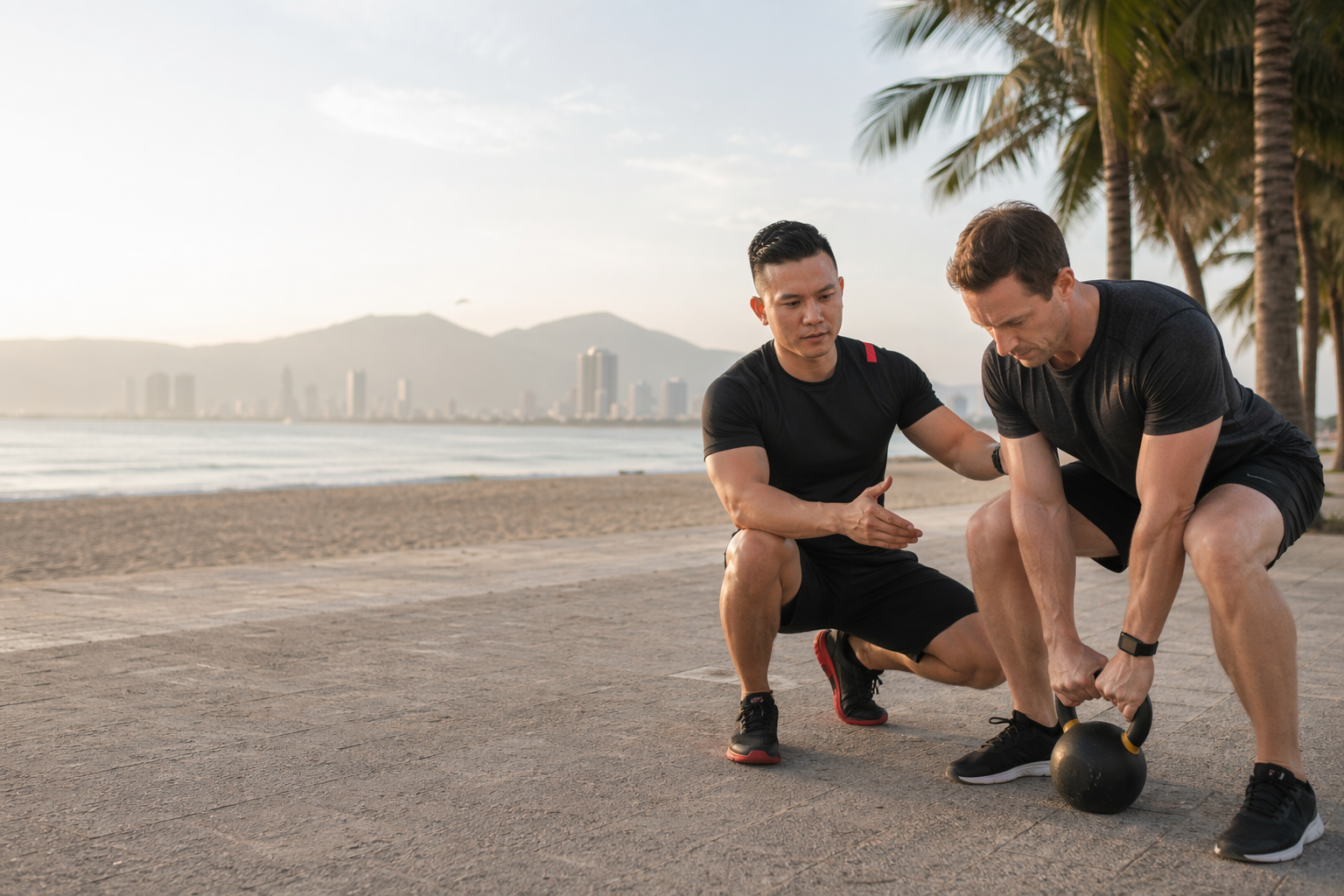 Vietnamese personal trainer coaching a foreign client with kettlebell training beside the Da Nang beach skyline